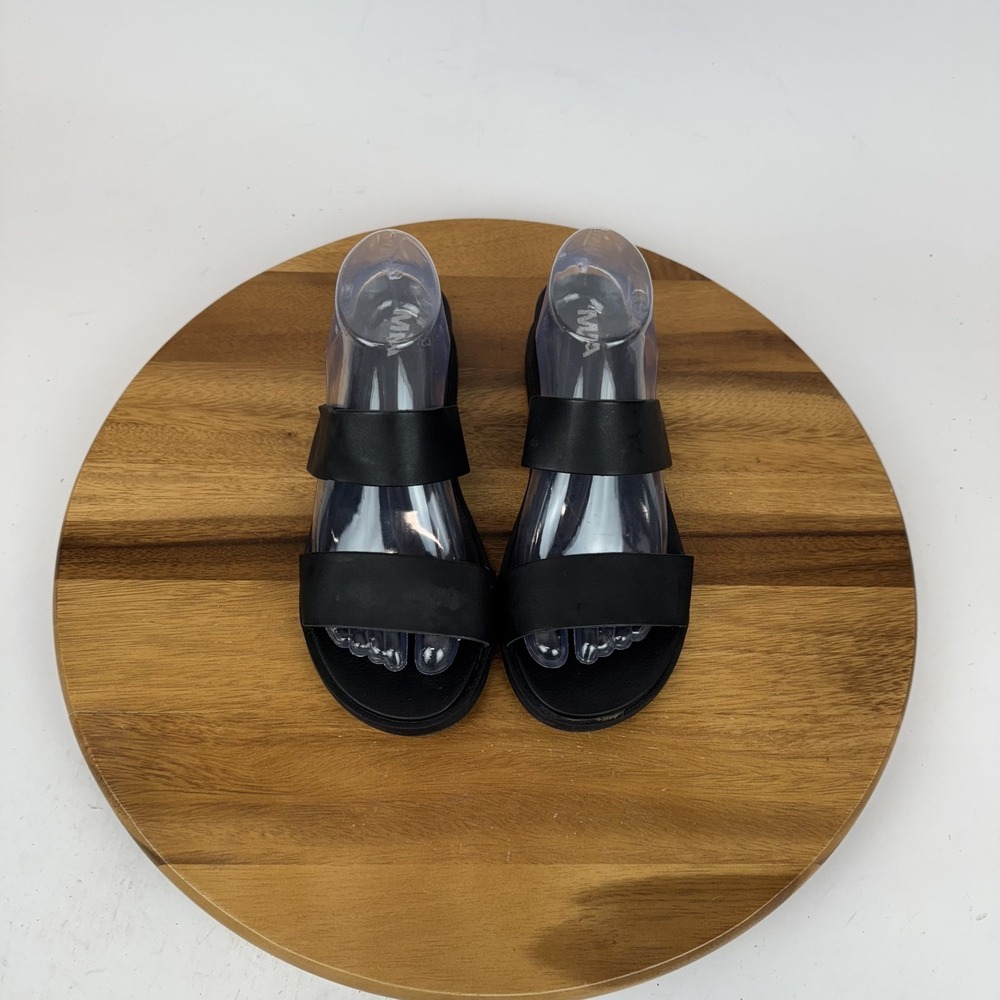 Womens Mia Yelena Black Faux Leather Strappy Slip On Wedge Sandals Size 9 M GUC